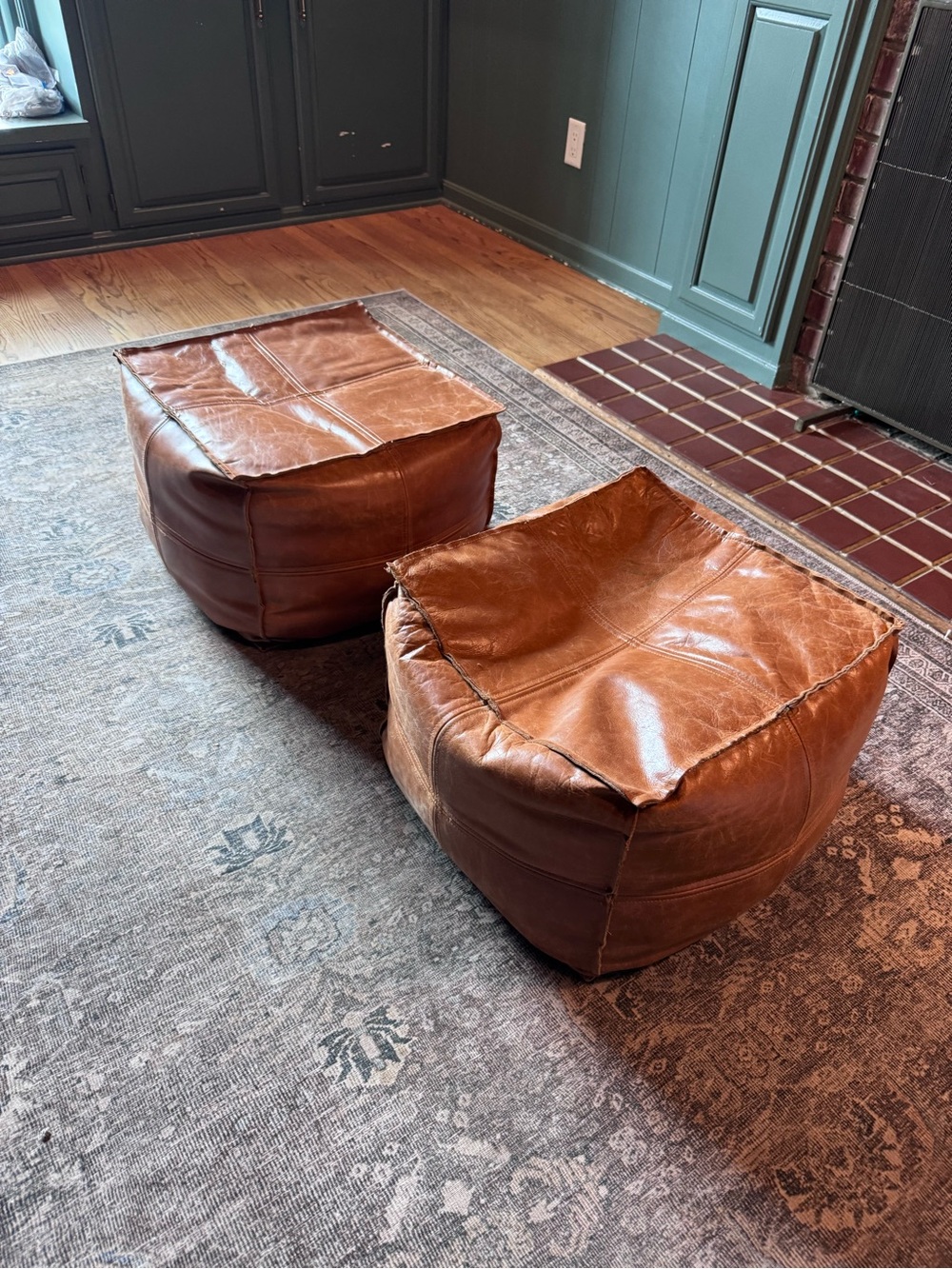 CB2 Cognac Leather Pouf Ottoman Pair